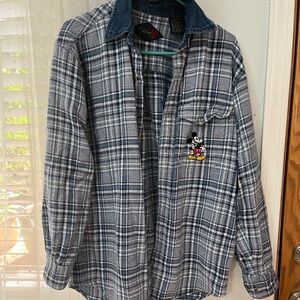 Vintage Disney Mickey Mouse Men's Blue Plaid flannel Shirt with denim collar